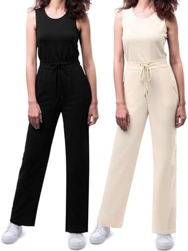 Silicherry 2 Pack Women's Jumpsuits Summer Romper Sleeveless Wide Leg Long Pants 2025 Casual Summer Dressy Travel Outfit L