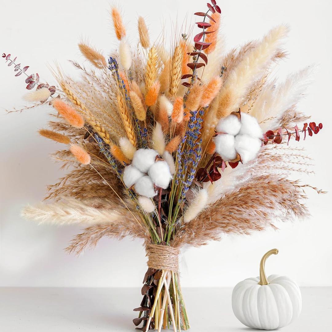 Fall Dried Flower Bouquet  Boho Fall Decor with Pampas Grass, Cotton, and Orange Bunny Tails  Autumn Floral Arrangement for Home, Mantel, or Vase  Fall Decorations for Home Indoor & Porch