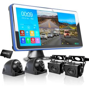 ASLONG 4K Backup Camera 4CH Dash Cam with 10.36" Quad Split Touch Screen & 4 AHD Front Rear Sides View Camera w/DVR Recording Music Video Playback Avoid Blind for RV Semi Trailer Truck Van