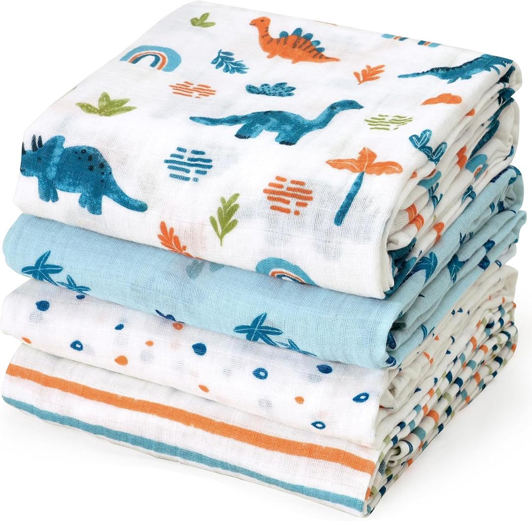 david's kids 4 Pack Baby Muslin Swaddle Blankets, 100% Cotton and Ultra Soft Breathable Receiving Blanket Wrap for Boys Girls, New Born Essentials, Large 47 x 47 inches, Dinosaur Blue