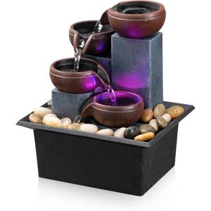 Tabletop Fountain 4 Level Small Waterfall Fountain Indoor Relaxing Water Feature Meditation Fountain for Home Office Bedroom Decoration Including LED Color Lighting and Natural Rocks