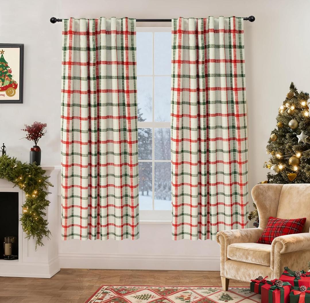 DriftAway 2 Panels 100% Blackout Windowpane Plaid Linen Curtains Double Layer Drapes for Bedroom 63 Inches Long Farmhouse Thermal Insulated 3.25 Inch Rod Pocket Back Tab for Living Room Red Green