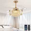 48 Inch Fandelier Ceiling Fans with Light, Chandelier Ceiling Fan, Retractable Crystal Ceiling Fan for Bedroom, Living Room, 3 Color Change, LED Dimmable, 6 Speeds, Reversible DC Motor-Gold