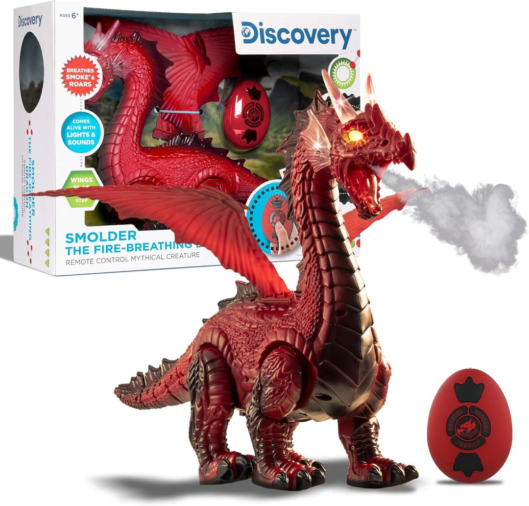 Discovery Fire-Breathing RC Dragon with Smoke Breath, Walking, Wing Flapping, Realistic Roaring Sounds| Light-Up Large Dinosaur Toy| Remote Control Robot Dino Mythical Creature| Kids Boys Gift| Age 6+ (Red)