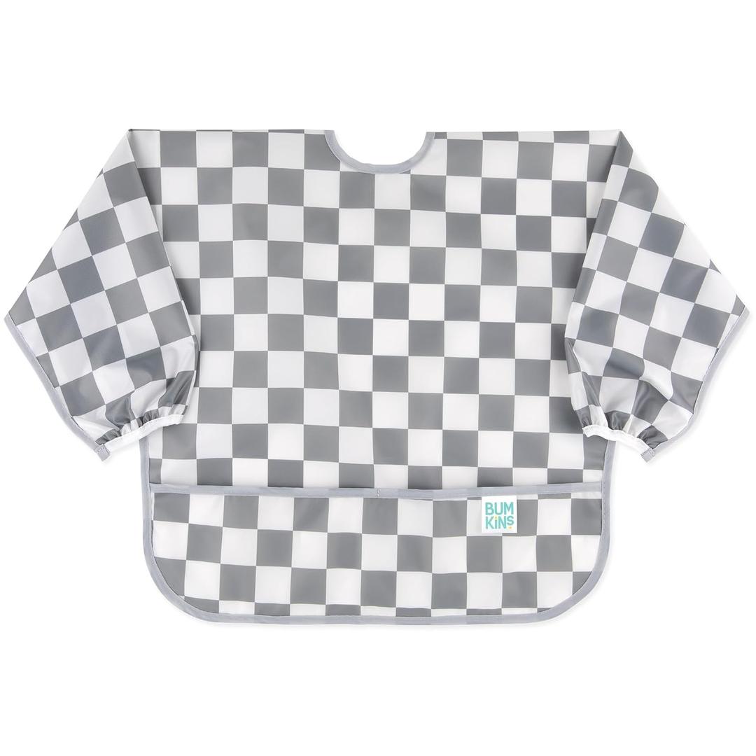 Bumkins Sleeved Bib for Girl or Boy, Baby and Toddler for 6-24 Mos, Essential Must Have for Eating, Feeding, Baby-Led Weaning Supplies, Long Sleeve Mess Saving Food Catcher, Fabric, Gray Check (A5 Charcoal Check)
