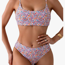 YIMISAN Women's Two Piece Swimsuit Floral Print Bikini Sets Spaghetti Straps Scoop Neck Mid Waist Cheeky Bathing Suit , Size M