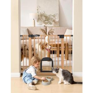 Babelio CatPrivilege Baby Gate with Cat Door, 29"-43" Adjustable Brown Wood Pattern Pet Door, 30" Tall Pressure Mounted Safety Gate for Stairs & Doorways, Auto Close,Wall Protectors Included