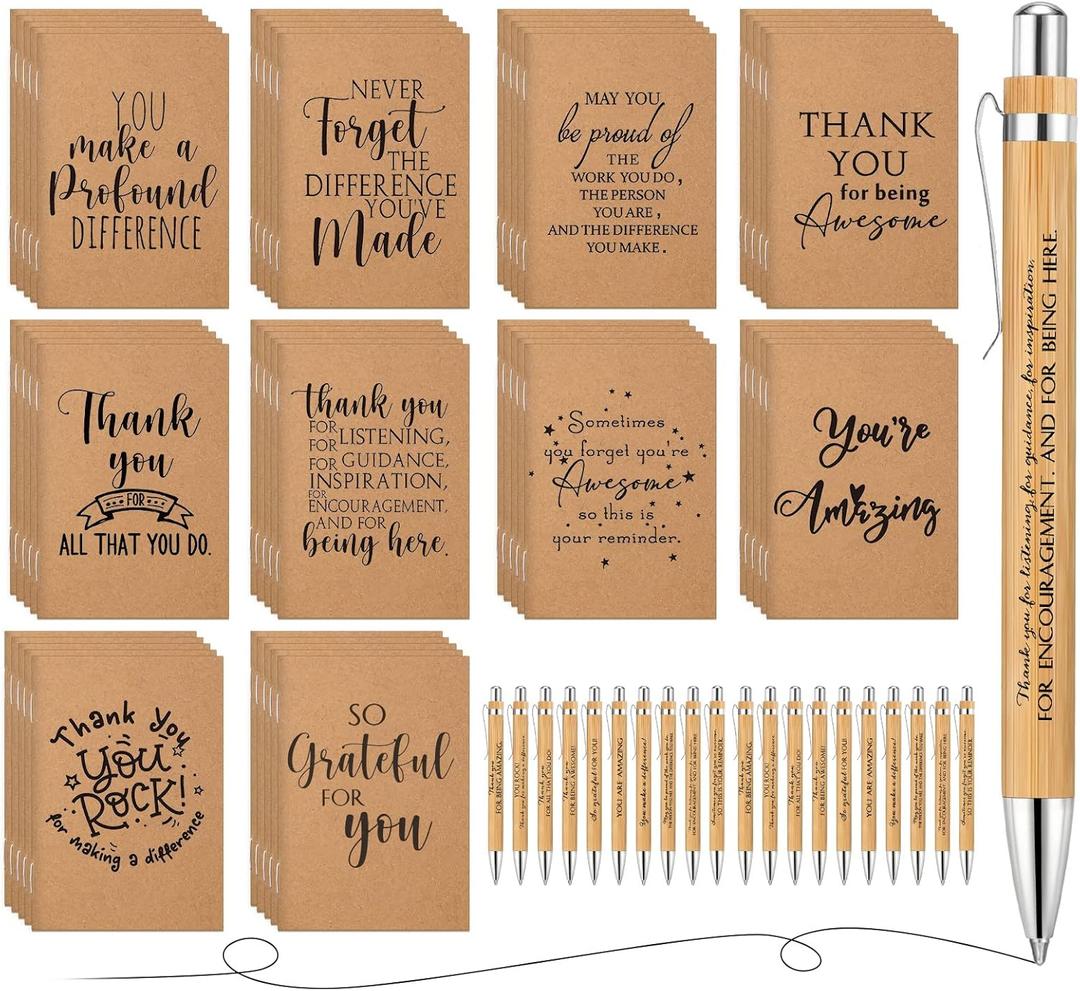 Tinlade 100 Pcs Fathers Day Appreciation Gifts Bulk Thank You Mini Inspirational Notebooks and Bamboo Ballpoint Pens for Student Teacher CNA Nurse Graduates Volunteer Coworker School Office Supplies