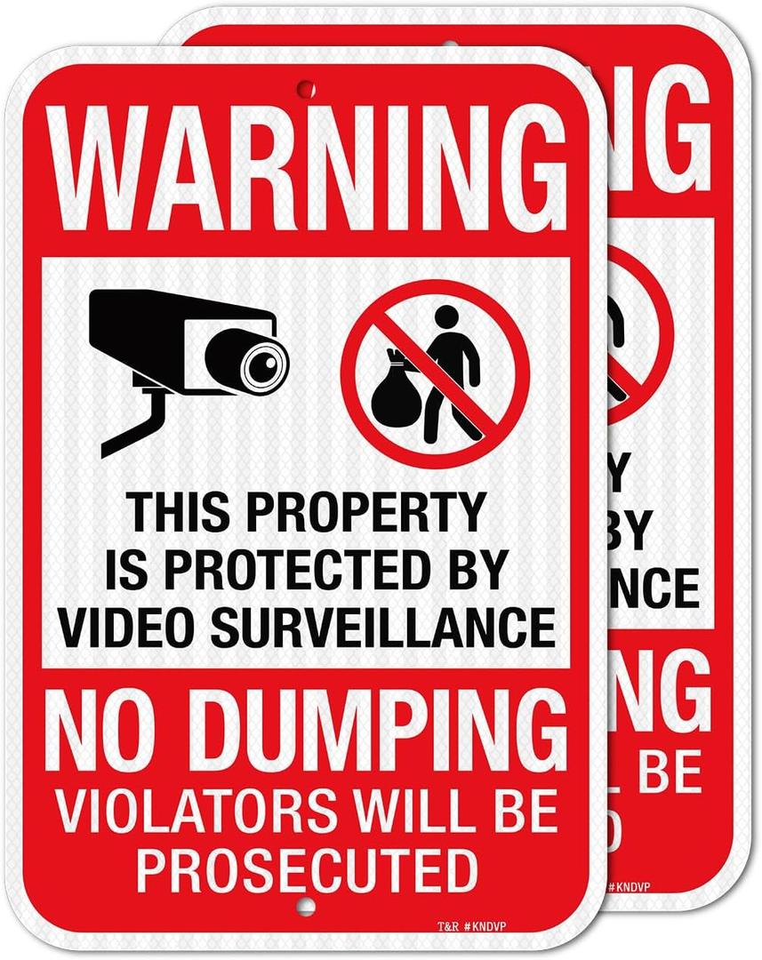 T&R (2 pack) No Dumping, Property Protected By Video Surveillance Sign, 18"x12" Engineer Grade Reflective Sheeting, Rust Free Aluminum, Weather Resistant, Fade Resistant, 2 Pre-drilled Holes