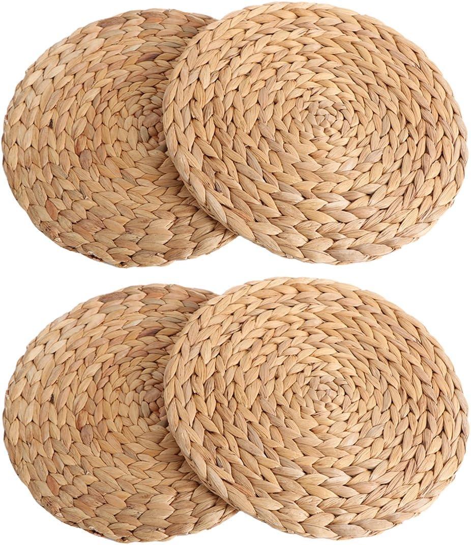 kilofly Natural Water Hyacinth Weave Placemat Round Braided Rattan Tablemats 11.8 inch x 4pc