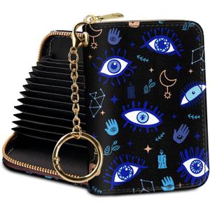 Credit Card Holder RFID Wallet, Small Card Holder Wallet for Women with Keychain Zipper, Funny Leather Print Credit Card Wallets Accordion Gift (Evil Eye)