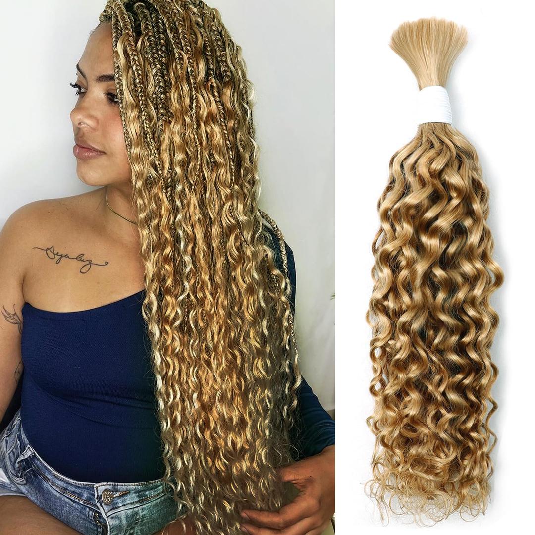 Liqusee Water Wave Curly #27 Human Braiding Hair 100g One Bundle/Pack Bulk Human Hair for Braiding No Weft Human Hair Braiding Hair Wet and Wave for Boho Braids (18 inch, Water Wave #27)