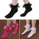 3 Pack Big Ruffle Ankle Socks Woman, Double Lace Turn Cuff Cotton Frilly Dress Short Socks for Women Ladies