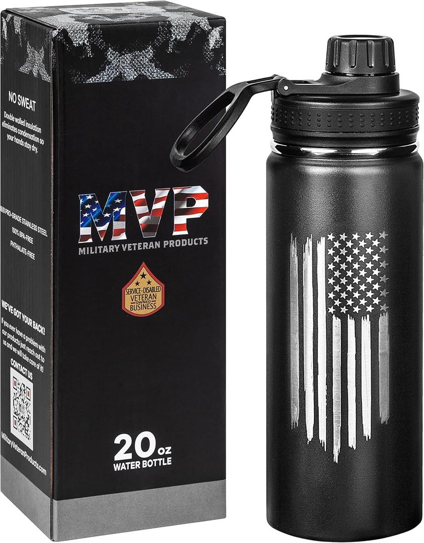 Military Gift Shop American Flag 20oz Sports Water Bottle | Insulated Metal | Stainless Steel | Outdoor Sports, Hiking - USA Flag 20oz Bottle