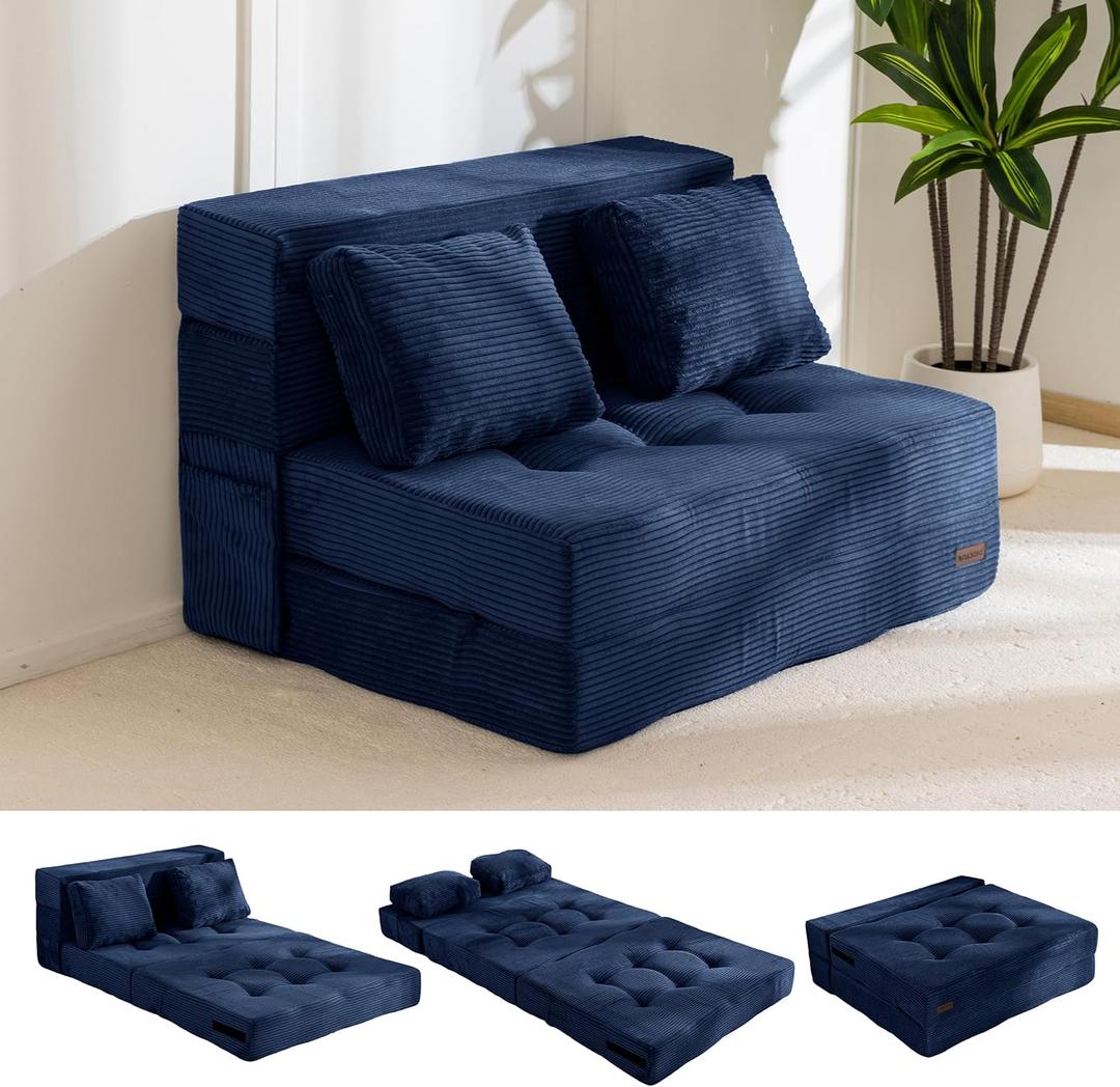 MAXYOYO Convertible Sofa Bed, Fold Out Loveseat Sleeper Sofa with Pillow, 4 in 1 Tufted Folding Couch Bed Foam Floor Couch, Lazy Chair for Living Room Bedroom Guest Room, Navy (Twin)