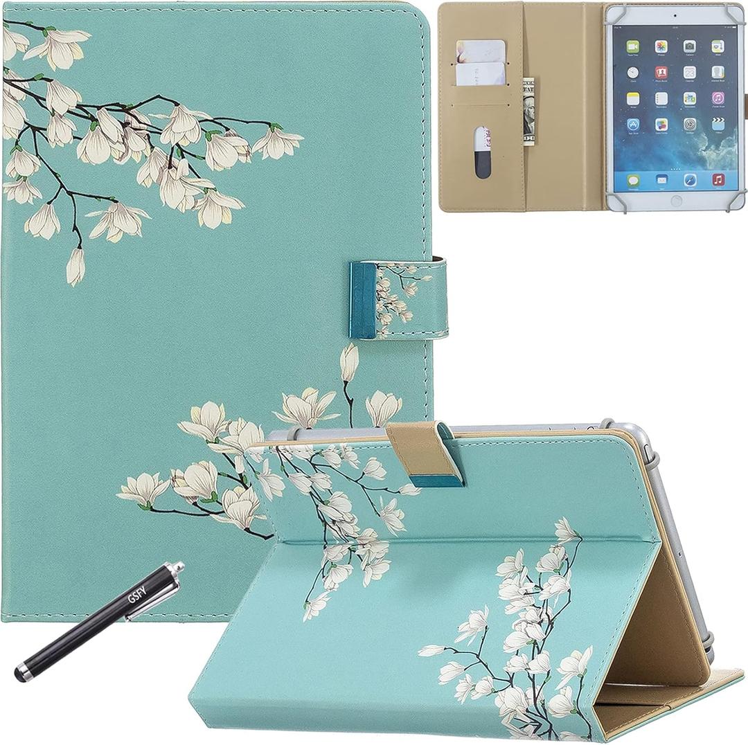 Universal Case for 7.9-8.5 inch Tablet, GSFY Stand Folio Protective Cover for 7.9/8.0/8.4 Inch Touchscreen Tablet with Multiple Viewing Angles Document Card Pocket, White Gardenia