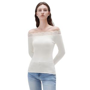 SUUKSESS Cloud Cashmere Women Lace Off Shoulder Fitted Long Sleeve Shirts Basic Knit Going Out Tops (White, S)