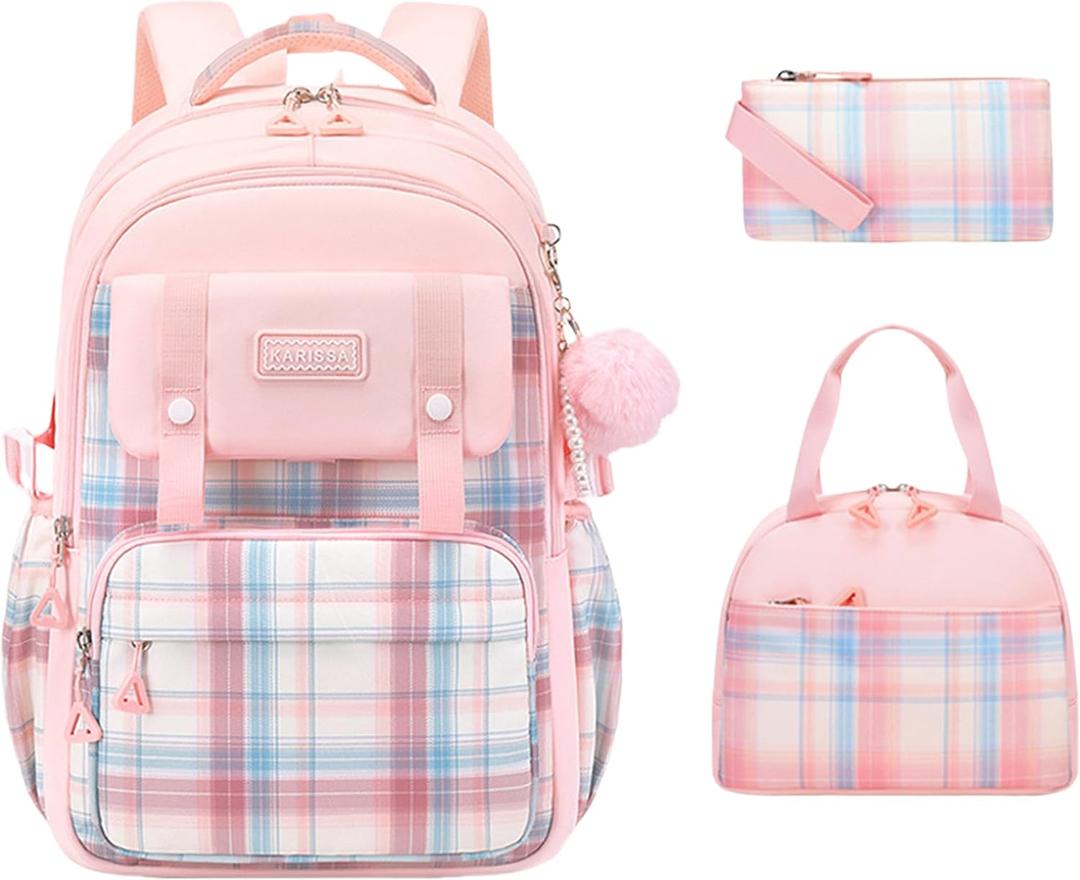 3Pcs Cute Backpack for Girls with Lunch Box & Pencil Case, Large Capacity Kids Bookbag for Elementary Middle School Students Waterproof Kawaii Preppy Aesthetic Plaid Backpack Age 4-16