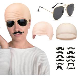 2 x Bald Caps Makeup Latex Bald Head Wig Caps Cosplay Costume for Adults, for Theme Party Decorations Supplies (Bald Hat, Sunglasses, and Beard)