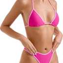 SUUKSESS Women Sexy Thong String Two Piece Bikini Sets Triangle Cheeky Halter Swimsuits Color Block Bathing Suits(Pink Color Block, XL)
