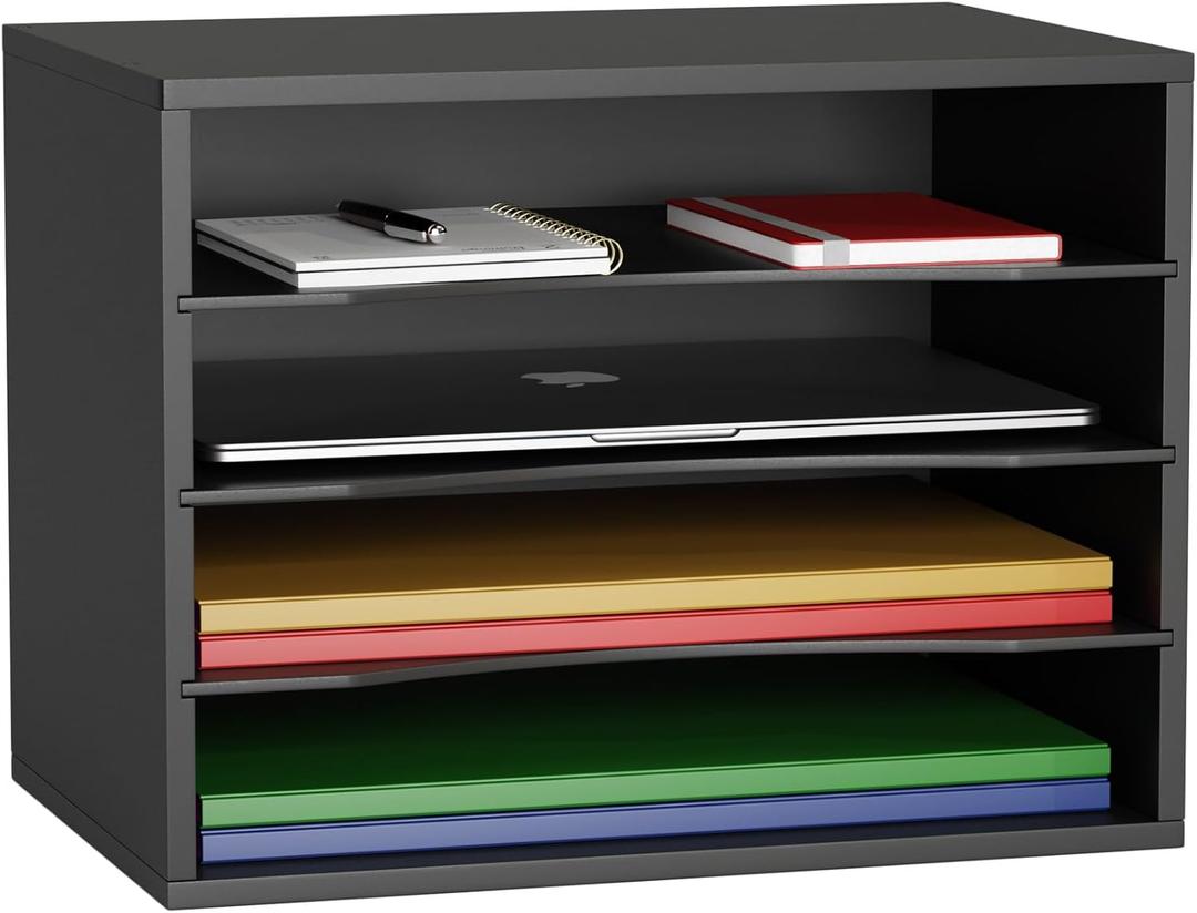 Wood Desktop Letter Tray File Organizer, Paper Storage Mail Sorter with 3 Adjustable Drawer Boards for Home and Office, Black (4 Tier Black)