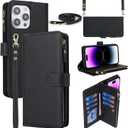 iCoverCase Compatible with iPhone 15 Pro Max Crossbody Case with Strap, Wallet Phone Case Card Holder [Not Detachable] PU Leather Kickstand Zipper Lanyard Case 6.7" (Black)
