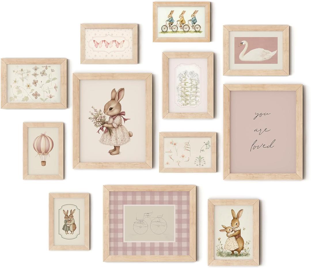 TwoDays Vintage Nursery Decor for Baby Girls, Pink Rabbit Bunny Wall Art for Toddler Kids Playroom, Swan Animals Posters for Bedroom (Multi Sizes, Set of 12, 8  10 Largest, Wooden Framed)