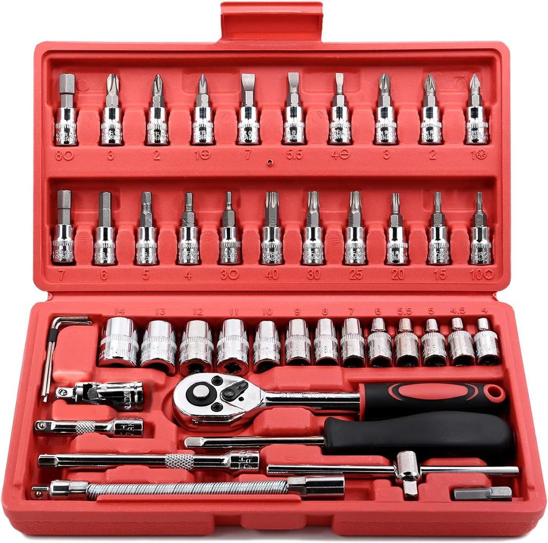 Egofine 46 Pieces 1/4 inch Drive Socket Ratchet Wrench Set, with Bit Socket Set Metric and Extension Bar for Auto Repairing and Household, with Storage Case