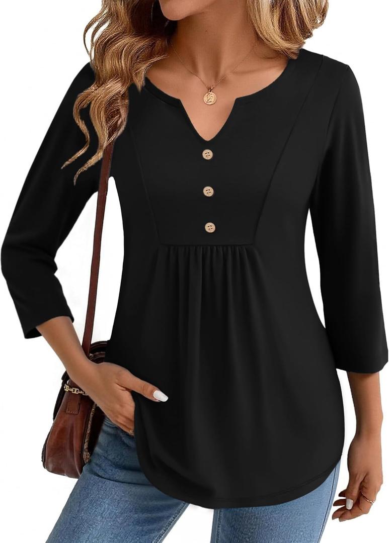 Zeagoo Womens 3/4 Length Sleeve Tops V Neck Dressy Casual T Shirts Pleated Business Work Blouses Basic Tees S-3XL (Black, XL)