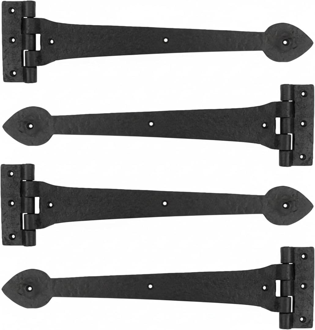2 Pack 15 Inch Heavy-Duty T-Shape Strap Hinge with Screw Black Powder Coated Wrought Iron Spade Tip Strap Door Gate Hinges for Shed Barn Fence Blind Shutter Wood Frame Doors