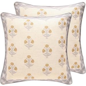 patdrea Designer Square Throw Pillow Covers Set of 2, Rustic Linen with Elegant Grey Blue Floral Pattern Pillows Cover, Decorative Pillowcases Cushion for Bed Living Room Outdoor Car, 18 x18 Inches