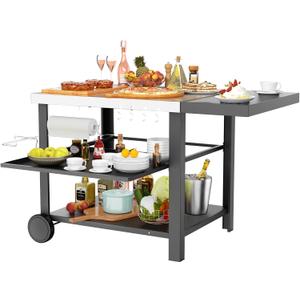 Outdoor Kitchen Island, Grill Cart with Drawer, Pizza Oven Stand, Movable 3-Shelf Prep Table with Side Table for Ninja Woodfire, Ooni Pizza Oven, Blackstone Griddle, Cuisinart, Cooking Station