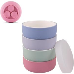 Elk and Friends Kids Porcelain Bowls with Silicone Suction Sleeves | Lids Included | Suitable for Babies/Toddlers | Microwave & Dishwasher Safe | Stay Put Dinnerware | Snack Dishes | 4 Pack (Lilac/Sage/Misty Blue/Blush)