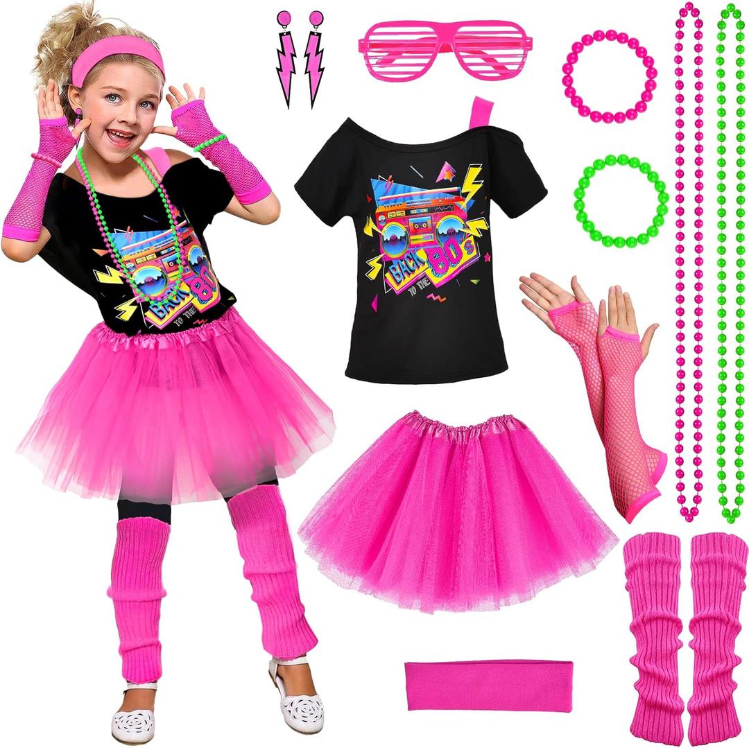 Latocos 14 Pcs 80s Costume Accessories T-Shirt Tutu Skirt Outfits Halloween Cosplay 1980s Theme Retro Party Girls ((XS-6-8 Y-for height 43.3-47.2in))