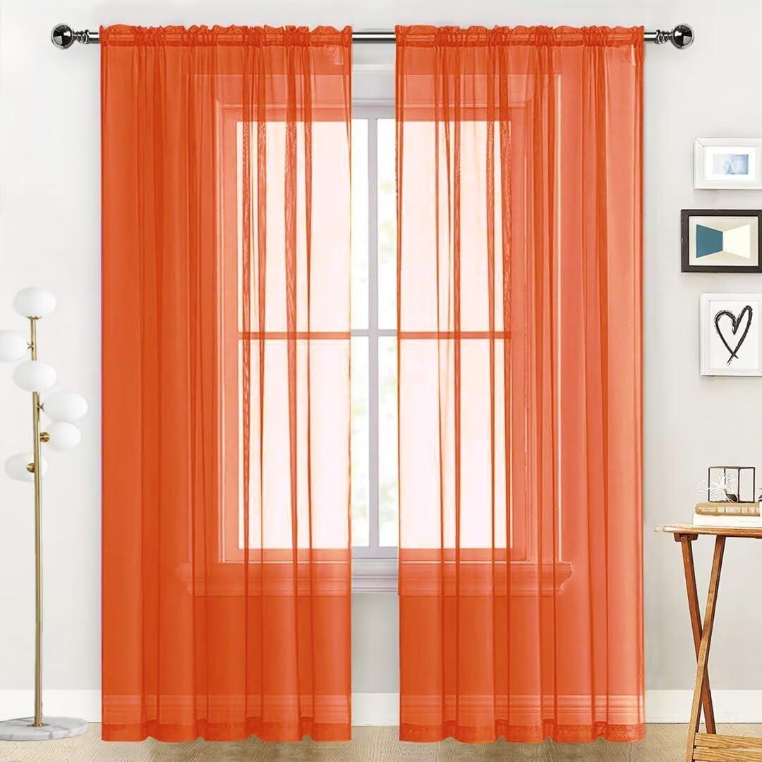 SpaceDresser Sheer Voile Window Treatment Rod Pocket Curtain Panels for Kitchen Bedroom Living Room Drapes Sunlight Filtering Privacy Semi Home Decor Assorted (Burnt Orange, 52 W x 63 L)
