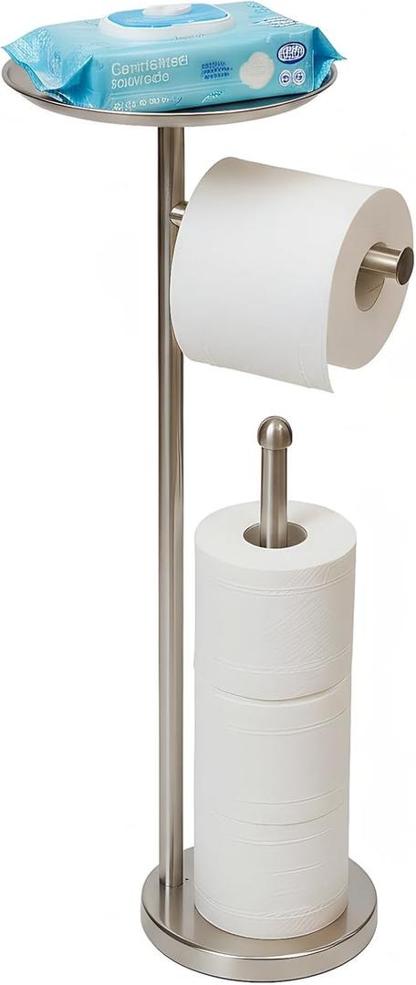 Freestanding Toilet Paper Holder with Shelf, Toilet Paper Stand with Storage for Holding Extra 4 Toilet Paper Rolls (Brushed Nickel)