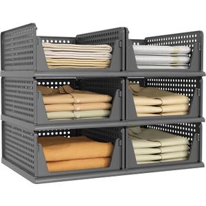 Pinkpum 6 Pack Closet Organizers Storage Box, Stackable Plastic Drawer Basket for Clothing, Stackable Storage Bins Shelf Storage Container for Closet Wardrobe Bedroom Bathroom Office Black