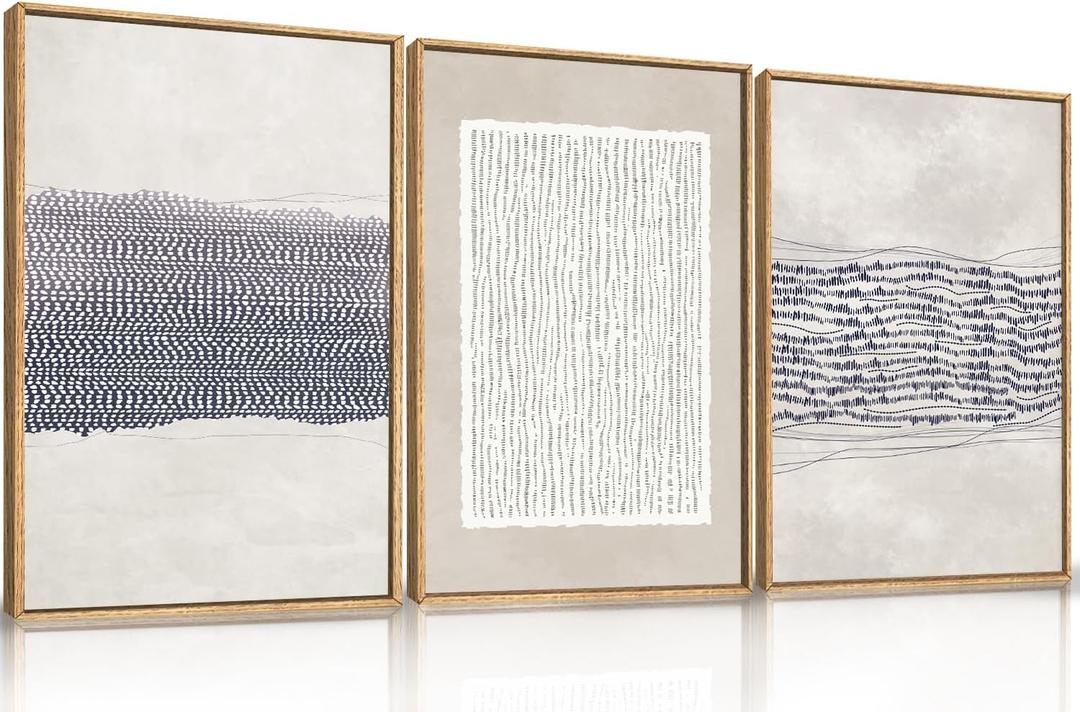 HOURIA Blue White Abstract Neutral Framed Canvas Wall Art Set,Minimalist Boho Lines Wall Decor,Modern Neutral Art Print,Mid Century Blue Artwork for Living Room,Bedroom,Office- 16"x24"x3 ( Blue Neutral Abstract Wall Art)