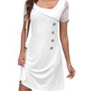 MakeMeChic Women's Casual Solid Sheer Lace Short Sleeve Dress Asymmetrical Neck Buttoned A Line Dresses White Small 