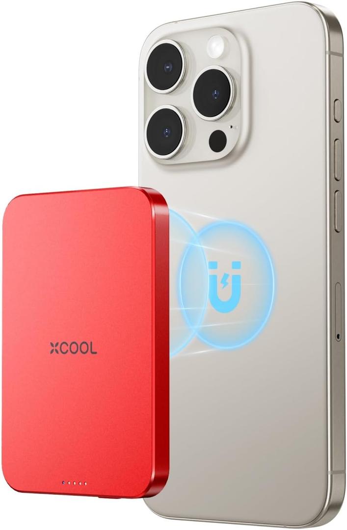 Magnetic Phone Charger, 5000mAh Ultra-Slim Magnetic Power Bank, Magnetic Portable Charger with USB-C Cable and Kickstand, Battery Pack Compatible with iPhone 16/15/14/13/12 Series and More, Red