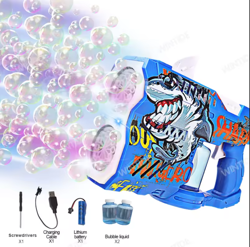 Rechargeable Blue Shark Bubble Guns for Kids, LED Light Up Bubble Machine Blower with 2 Bottles Bubble Refill Solution for Kids, Bubble Makers Blaster for Toddlers, Summer WeddingToys Gift