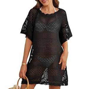 HRUTANE Women Swimsuit Coverup Crochet Bathing Suit Beach Cover Ups Summer Knit Bikini Beachwear Pullover 2025 Swimwear Dress, Black L