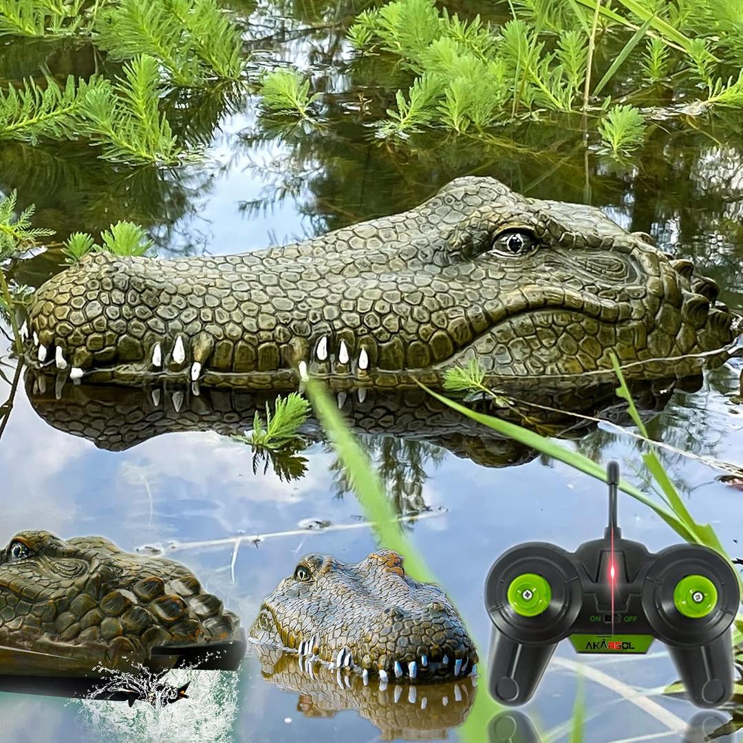 2.4 GHz Remote Control Alligator Head Boat RC Boats - Large Resin Decoy and Floating Crocodile Head Toy Rechargeable Battery Prank Toys Remote Controlled Boat Lake & Pool