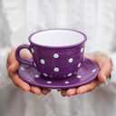 City to Cottage Handmade Purple and White Polka Dot Large Ceramic 12oz/350ml Cappuccino Coffee Tea Cup and Saucer, Unique Designer Pottery for Tea Lovers