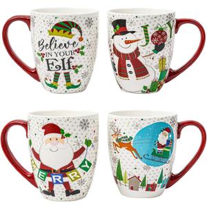 Topadorn Christmas Mugs Set of 4, Festive Coffee Cups with Handle, 18 oz Ceramic Coffee Cups - Gift for Family and Friends, Ideal for Holiday Party, Hot Chocolate, Tea