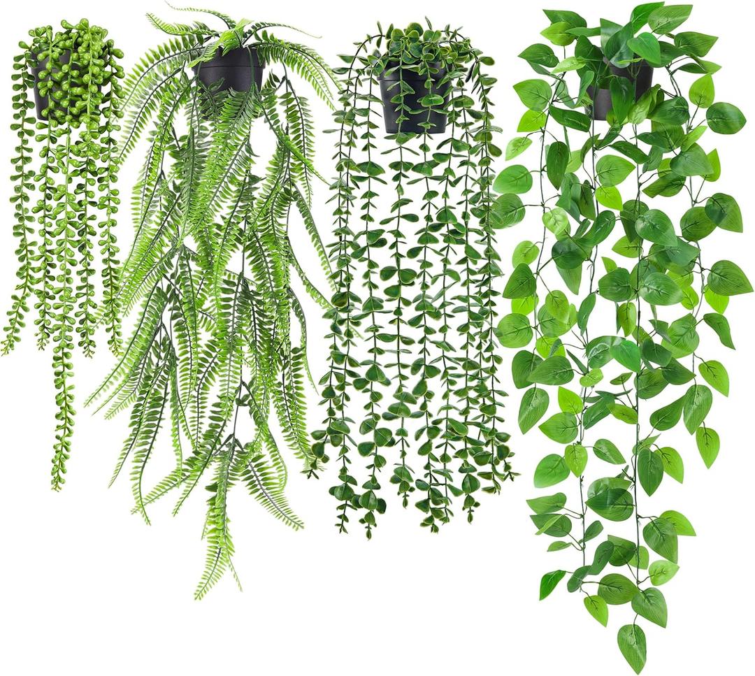Der Rose 4Pcs Fake Plants Hanging Artificial Ivy Vine Faux Eucalyptus Hanging Plants, Boston Fern, String of Pearls for Living Room Bedroom Boho Wall Shelf Indoor Outdoor Decor (Black Pots-4pcs Green)