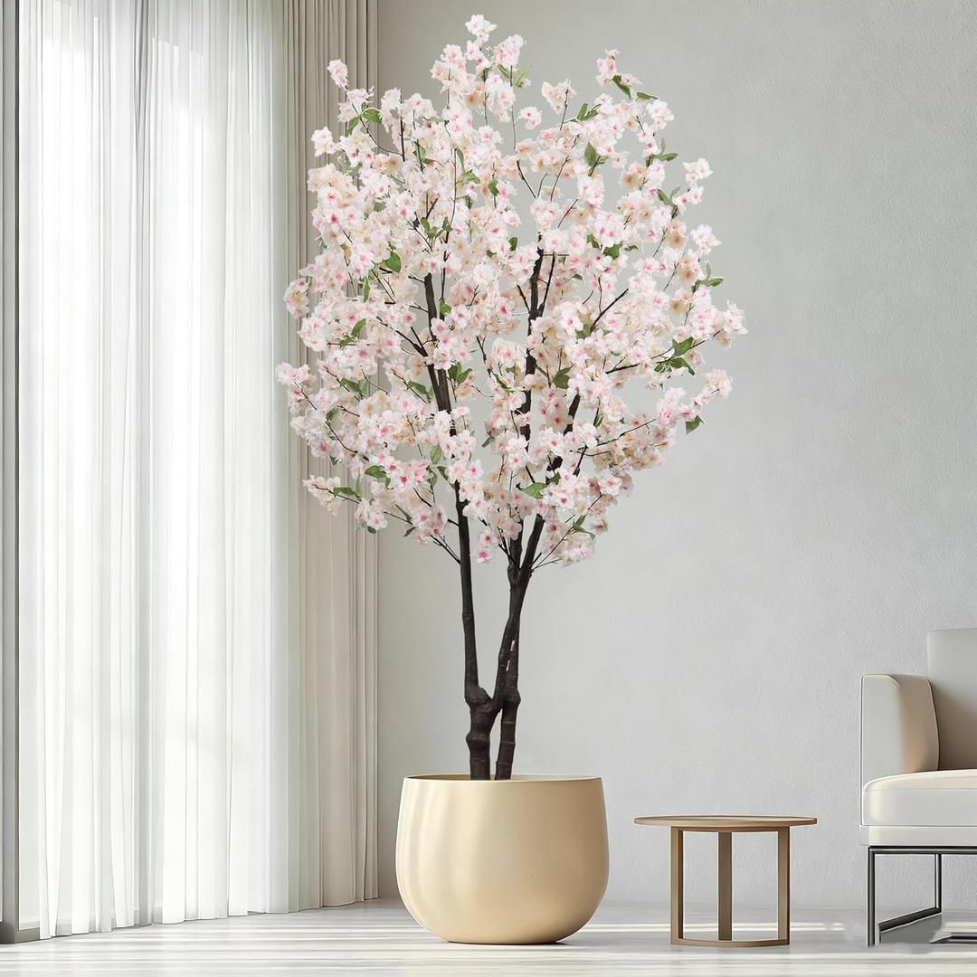 Artificial White Cherry Blossom Tree 5.7ft(68in) Faux Lifelike Plant for Indoor Decor Natural Potted Tree Realistic Pink Cherry Flowers Wood Trunk for Home Living Room,Office Perfect Weeding Gift