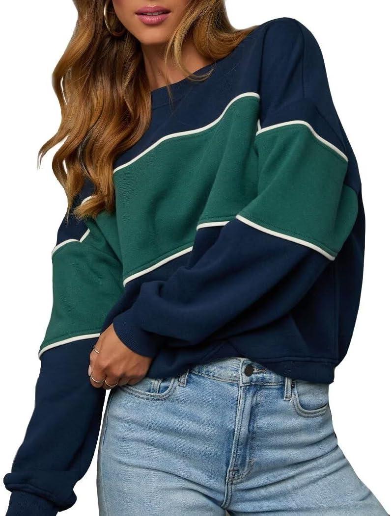 LEEDYA Womens Long Sleeve Sweatshirts Oversized Crewneck Color Block Pullover Top Casual Lightweight Blouse Tops (Blue, S)