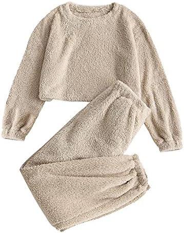 ZAFUL Women's Fuzzy Lounge Casual Pajamas Sets Long Sleeve Fleece Pullover and Pants Set 2 Piece Fluffy Loungewear Sleepwear S