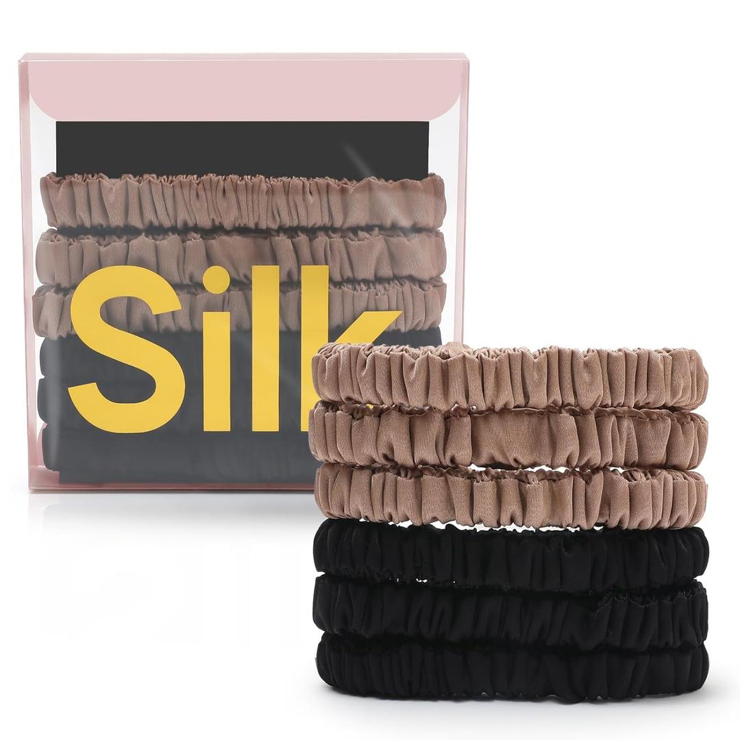 6Pcs Mulberry Silk Slip Skinny Hair Scrunchies - 22 Momme Pure Silk Ponytail Holders for Women & Girls (Color 02) (Black&Brown)